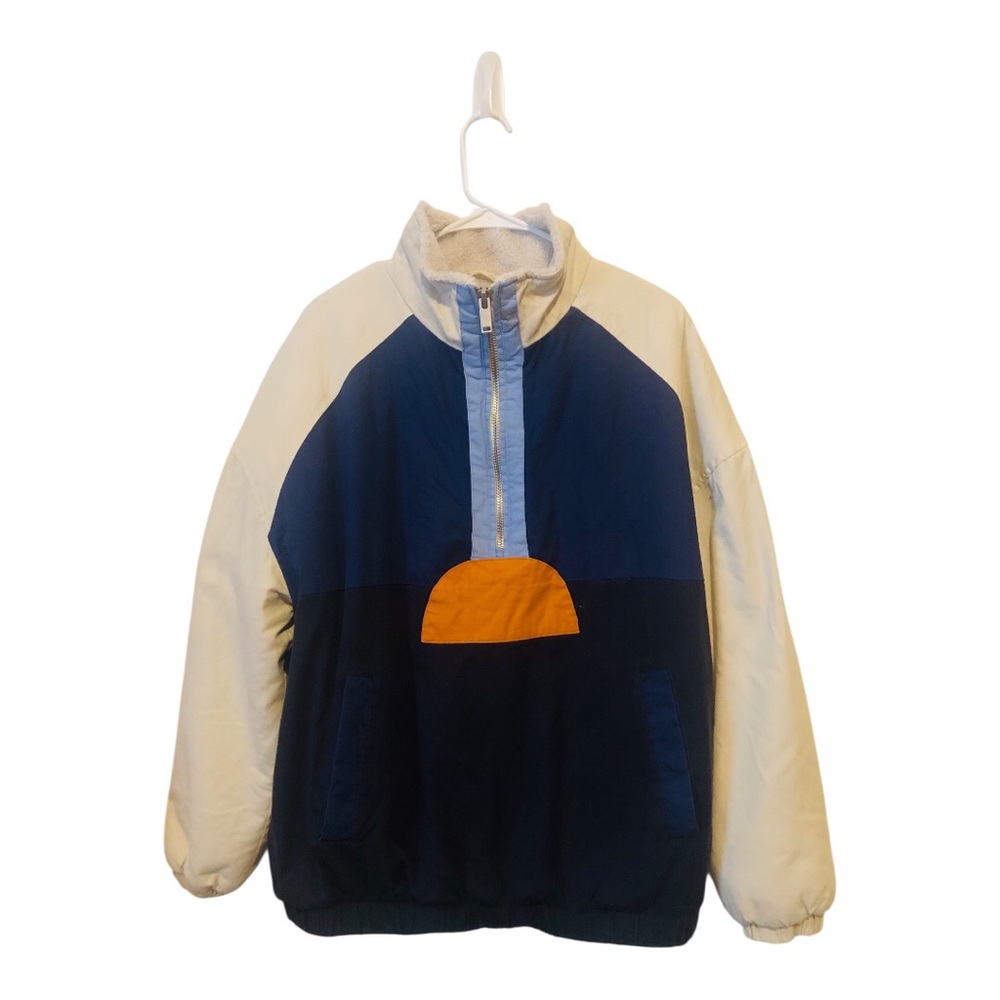 Zara Color Block Half-Zip Fleece Jacket - Navy, Cream, & Orange Large